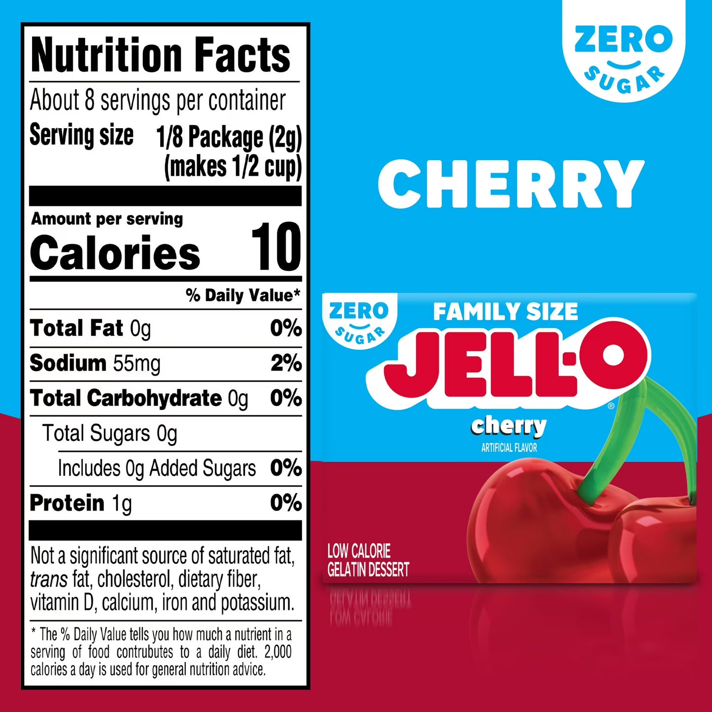 Jell-O Cherry Zero Sugar Low Calorie Gelatin Dessert Mix, Family Size, 0.6 oz Box