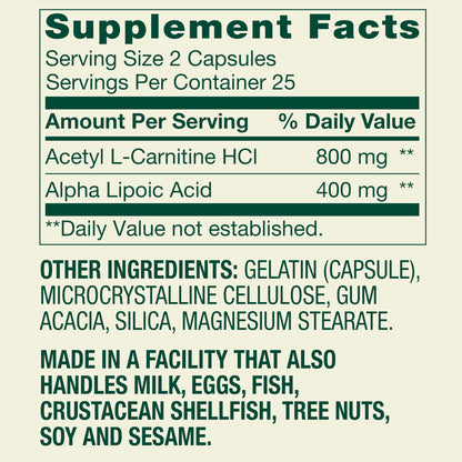 (3 pack) Spring Valley Acetyl L-Carnitine HCI 400 mg + Alpha Lipoic Acid 200 mg Capsules, 50 Count