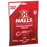 HALLS Cough & Throat Relief Cherry Cough Drops, No Synthetic Dyes, Value Pack, 80 Drops