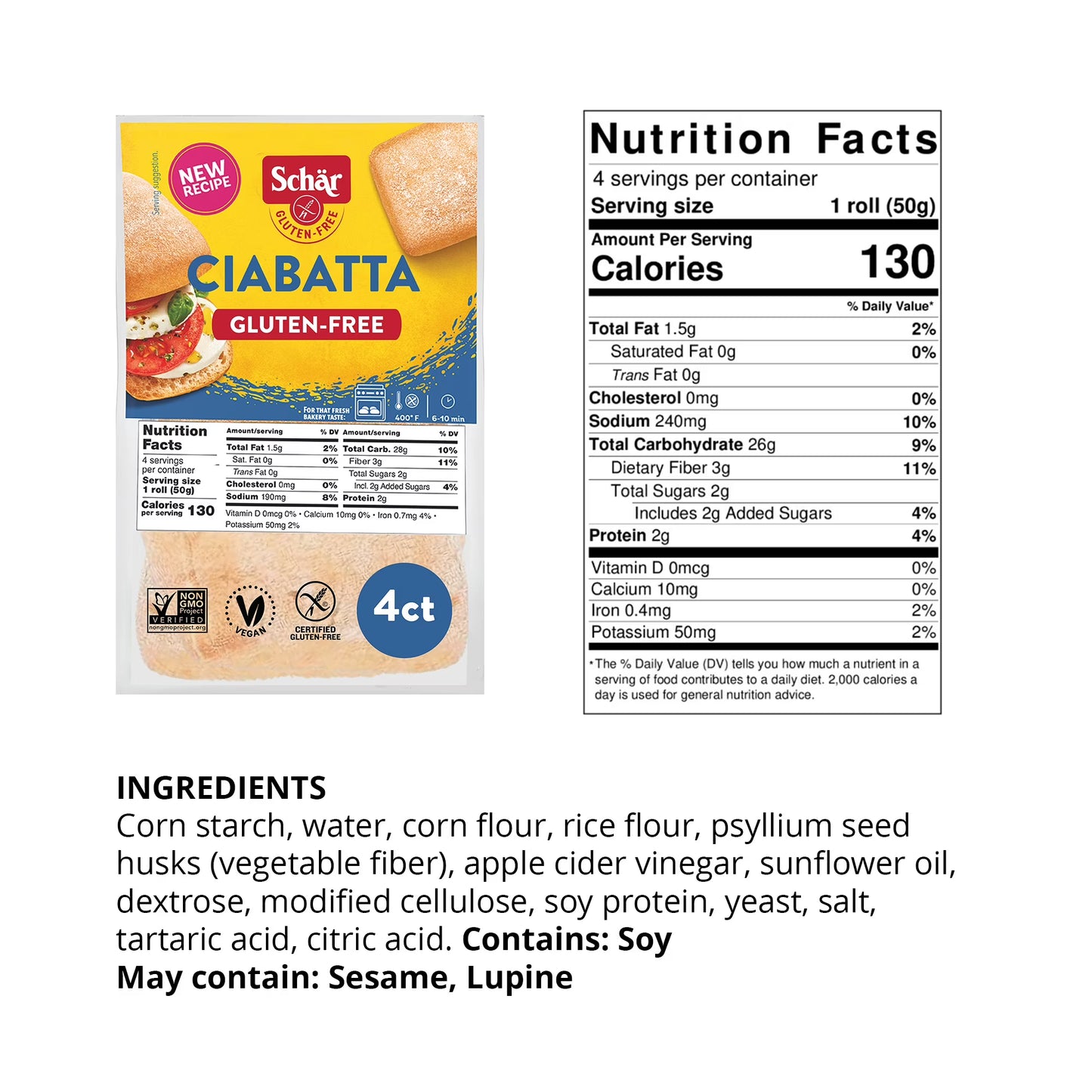 (3 pack) Schar Gluten Free Sourdough Ciabatta Rolls, Artisan Style Bread, Shelf-Stable, 4 Count, 7 oz