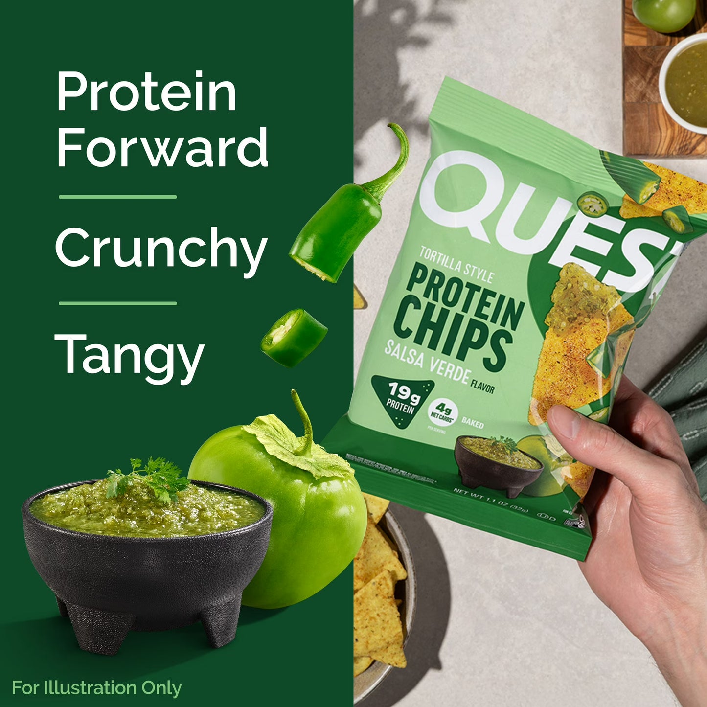 Quest Salsa Verde Flavor Tortilla Style Protein Chips, High Protein, Baked, Gluten Free, 1.1oz Bag, Single