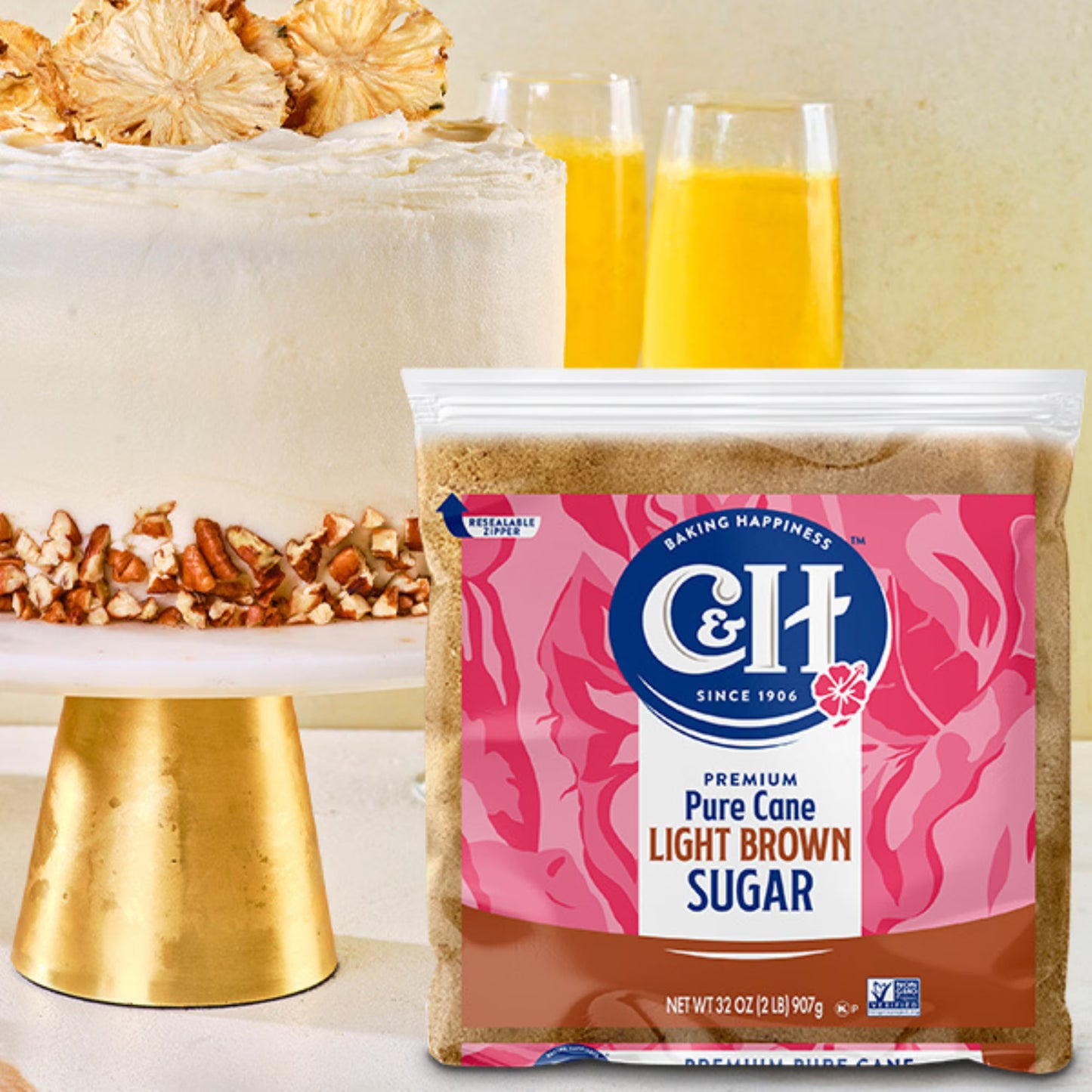 (2 pack) C&H Premium Pure Cane Light Brown Sugar 2 lb. Zipper-Pak