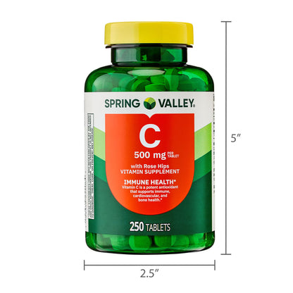 (3 pack) Spring Valley Vitamin C with Rose Hips, 500 mg, 250 Count, Dietary Supplement Tablets for Immune Health