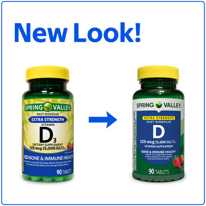 (3 pack) Spring Valley Extra Strength Vitamin D3, 125 mcg (5,000 IU), 90 Count, Strawberry Flavor, Dietary Supplement Fast Dissolve Tablets