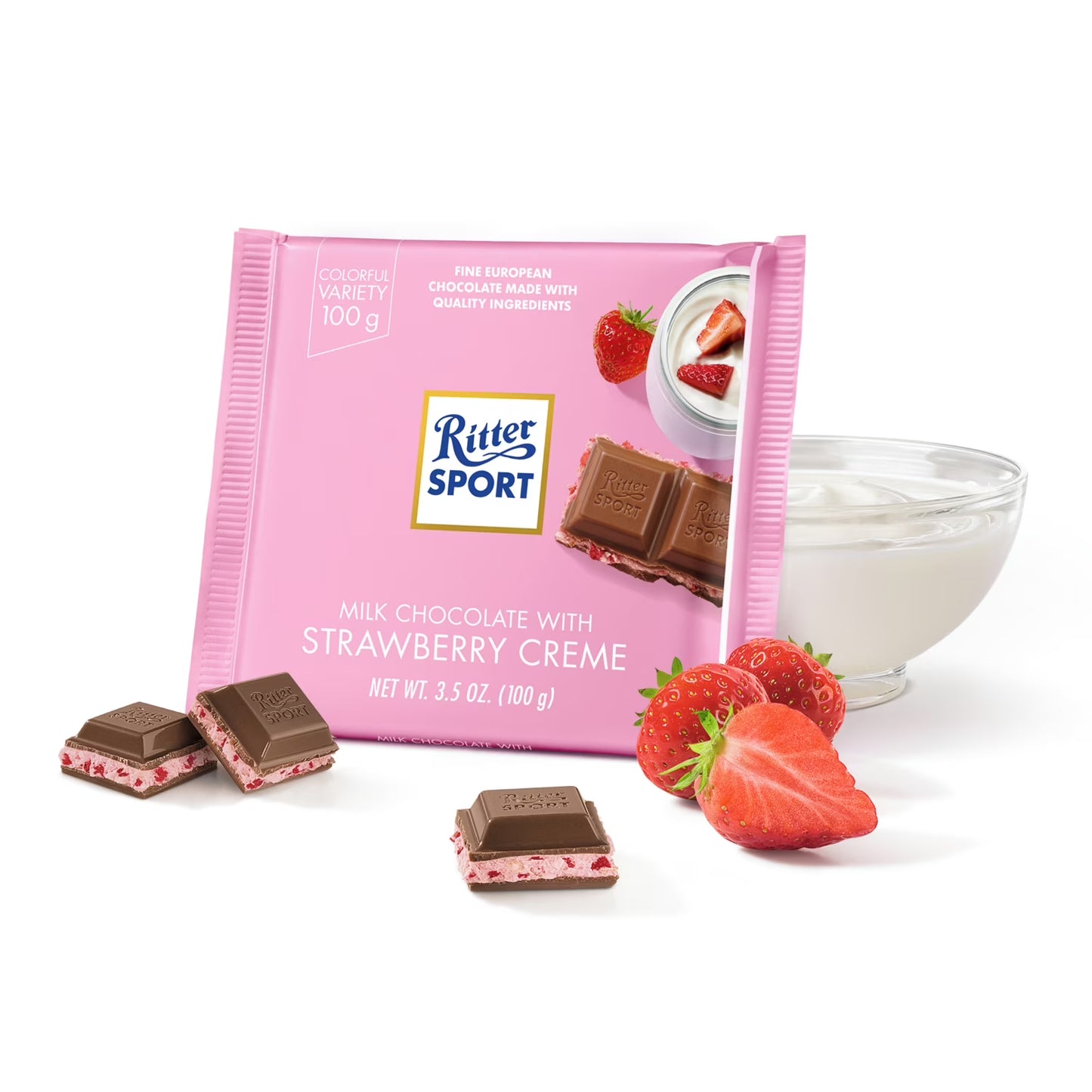 Ritter Sport Milk Chooclate Candy Bar with Strawberry Crème filling Chocolate Candy Bar – Authentic German Chocolate, Wrapped, 3.5 oz