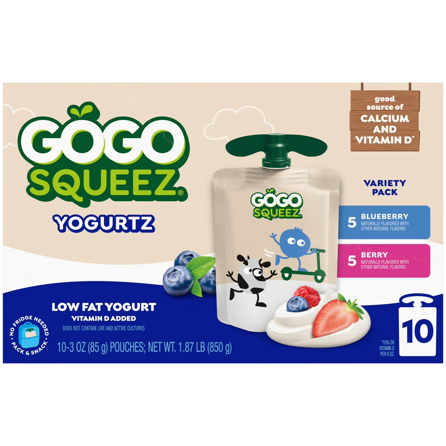 GoGo squeeZ Low Fat Yogurtz Blueberry and Berry Yogurt Snack Pouches, 3 oz (10 Pack)