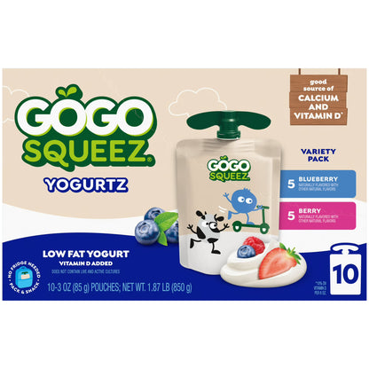 GoGo squeeZ Low Fat Yogurtz Blueberry and Berry Yogurt Snack Pouches, 3 oz (10 Pack)