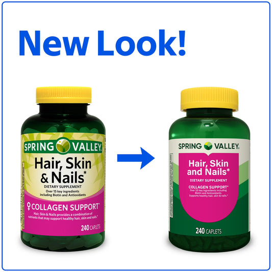 Spring Valley Hair, Skin & Nails Caplets Dietary Supplement, 240 Count