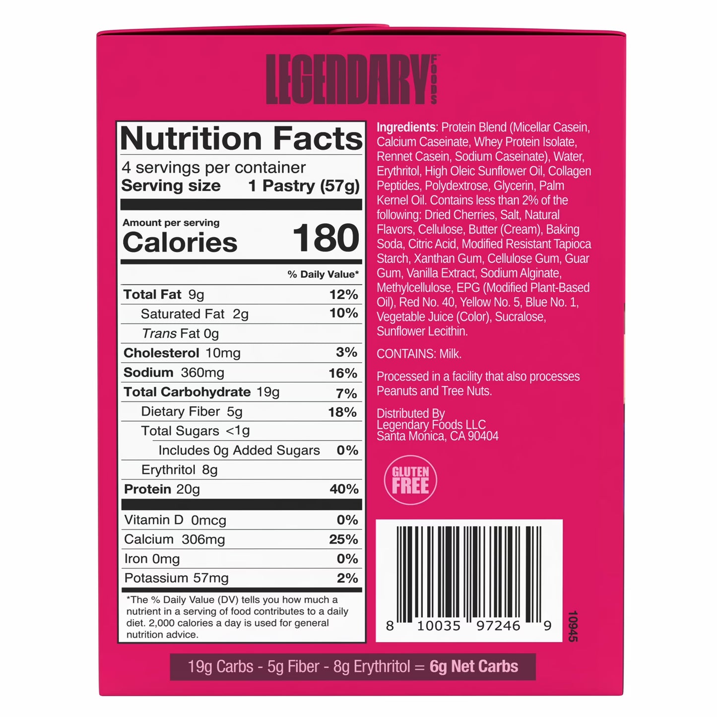 Legendary Foods Gluten Free and Keto Friendly Protein Pastry - Cherry Crumble - 8oz/4ct