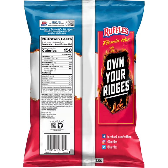 Ruffles Flamin' Hot Flavored Potato Snack Chips, 8.0 oz Bag