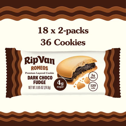 Rip Van Keto Dark Chocolate Fudge Cookies, Low Sugar, Healthy Snack, 2 Packs (18 Count)