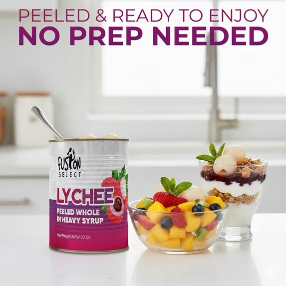 Fusion Select 2 Packs Canned Lychees in Syrup - Ready to Serve Canned Lychee Fruit - Peeled Whole in Heavy Syrup - For Bubble Tea, Boba Topping, Desserts, Garnishes, Fruit Salad - 20oz