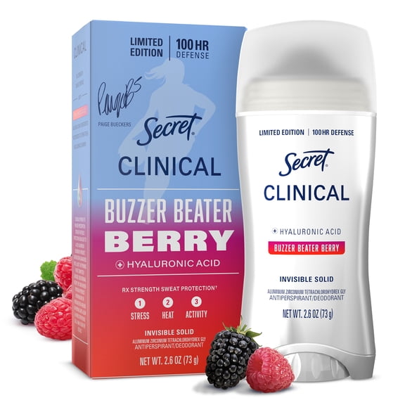 Secret Antiperspirant Deodorant for Women, Clinical Strength 100HR Hyaluronic Acid, Invisible Solid, Paige Bueckers Buzzer Beater Berry, 2.6 oz
