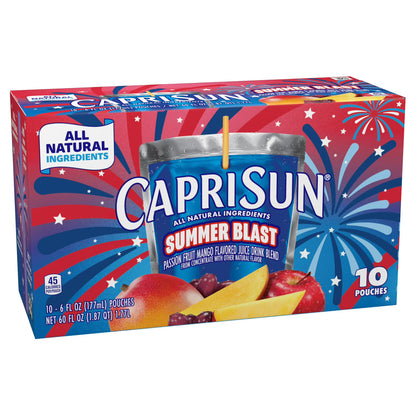 Capri Sun Summer Blast Passion Fruit Mango flavored Juice Drink Blend, from concentrate with other natural flavor, 10 Count Box, 6 fl oz Pouches