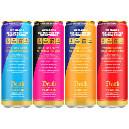Liquid Death Sparkling Energy Variety Pack, Zero Sugar Energy Drink, Unextreme Caffeine 100mg, Essential Vitamins, 4 Flavors: Strawberry, Tropical, Orange, and Murder Mystery, 12 fl oz (Pack of 12)