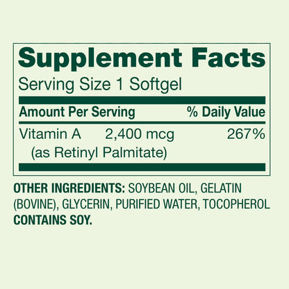 Spring Valley Vitamin A Supplement 2,400mcg Per Softgels, 250 Count