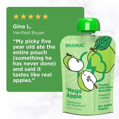 (2 pack) Brainiac Brain Squeezers Applesauce with Omega-3s, Apple, No Sugar Added, 3.2 oz, 10 Ct