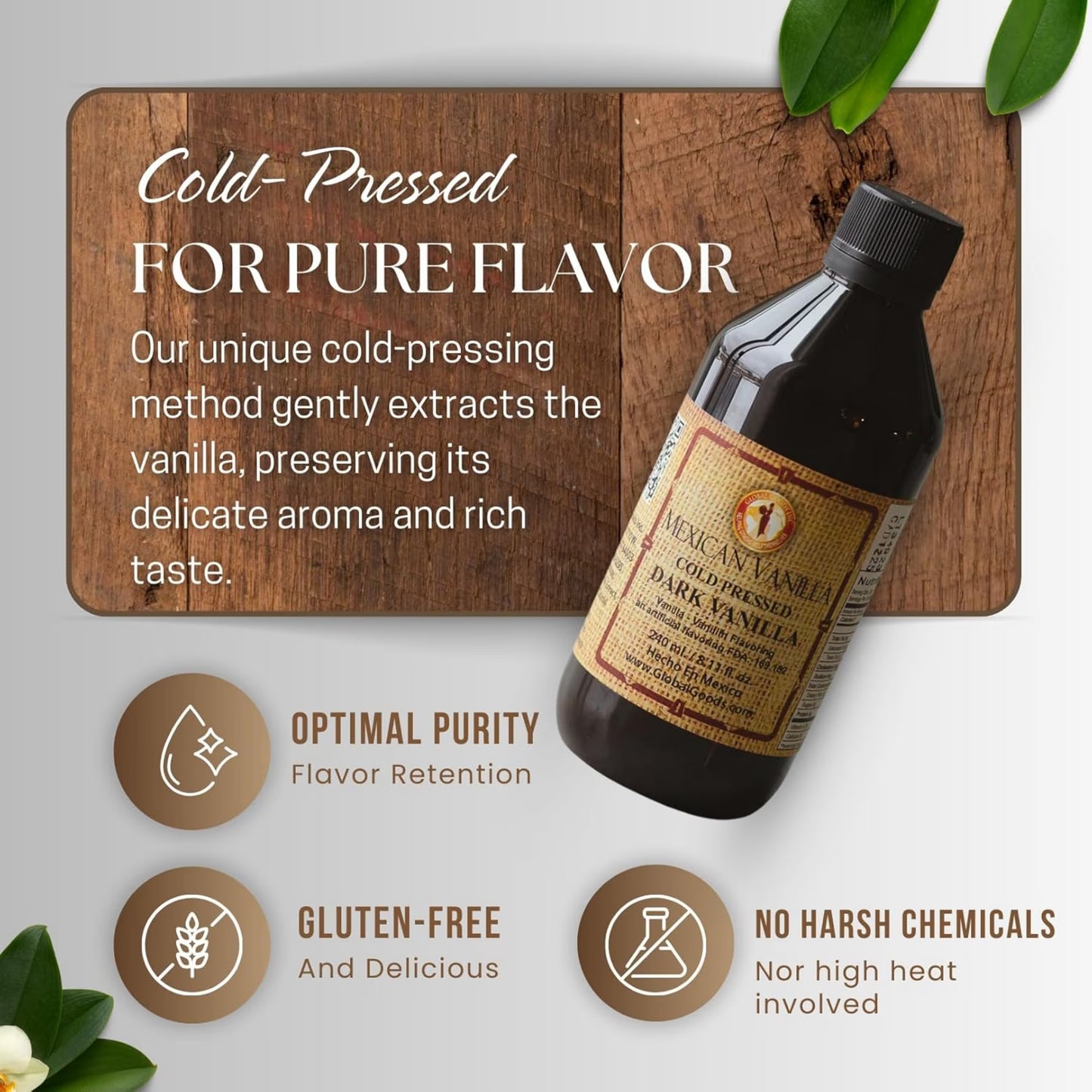Pure Dark Mexican Vanilla Extract Gluten Free Vanilla for Baking Cakes, Cookies, Desserts, Coffee & Beverages Natural, Bold Flavour 240ml / 8.12 fl oz bottle