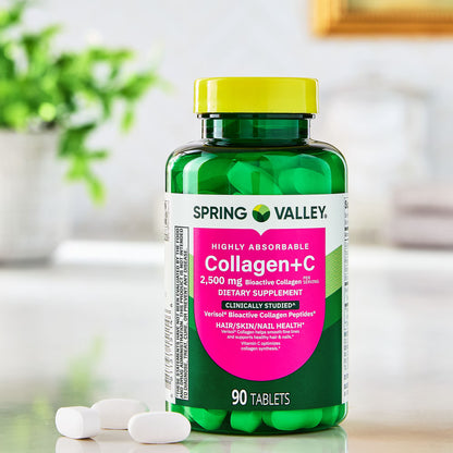 Spring Valley Highly Absorbable Collagen + C Tablets for Hair/Skin/Nail Health, 2,500 mg, 90 Count