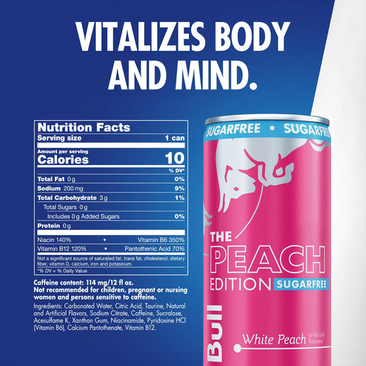 Red Bull Peach Edition Sugarfree Energy Drink, White Peach, 12 fl. oz. can, 114mg Caffeine