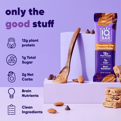 IQBAR Chocolate Chip Almond Butter Protein Bars - Vegan Energy Bars - High-Fiber Vegan Snacks - 4 Count Box
