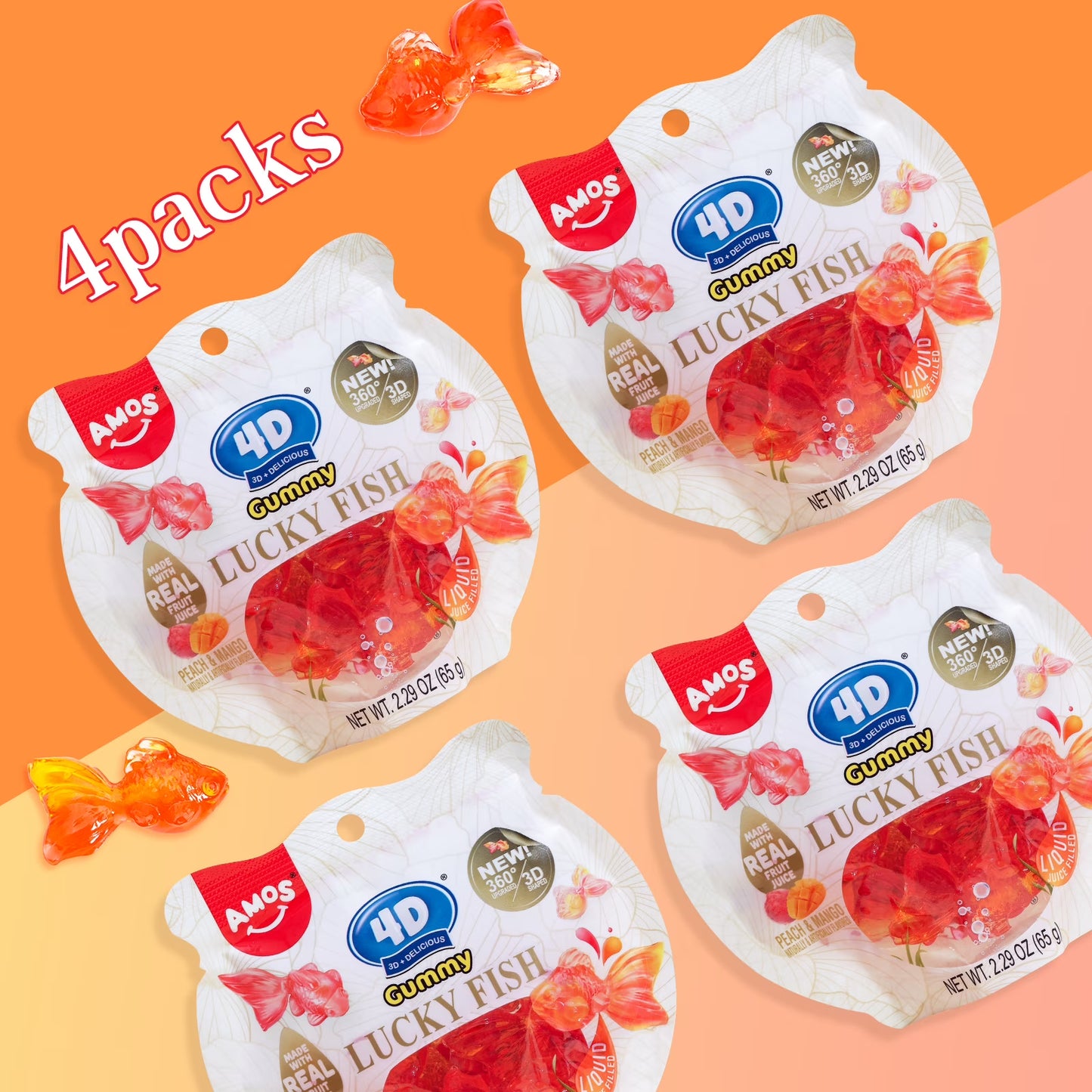 AMOS 4D Gummy Golden Fish Peach & Mango Candy, Made with Real Fruit Juice 2.29 oz (Pack of 4)