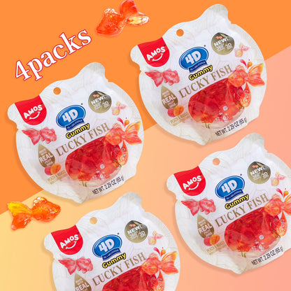 AMOS 4D Gummy Golden Fish Peach & Mango Candy, Made with Real Fruit Juice 2.29 oz (Pack of 4)
