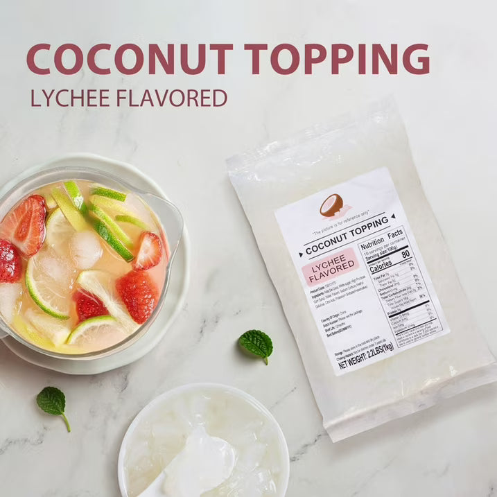 Soeos Lychee Flavored Coconut Jelly Strips, 2.2 lbs (1 Kg) – Sweet & Chewy Tropical Snack, Ready-to-Eat Dessert Topping for Drinks, Bubble Tea, and Ice Cream