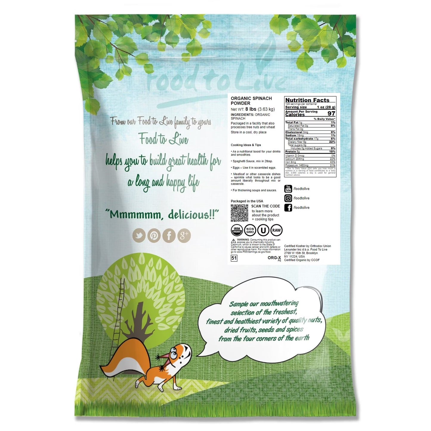 Organic Spinach Powder, 2 Pounds – Non-GMO, Kosher, Vegan, Pure – by Food to Live