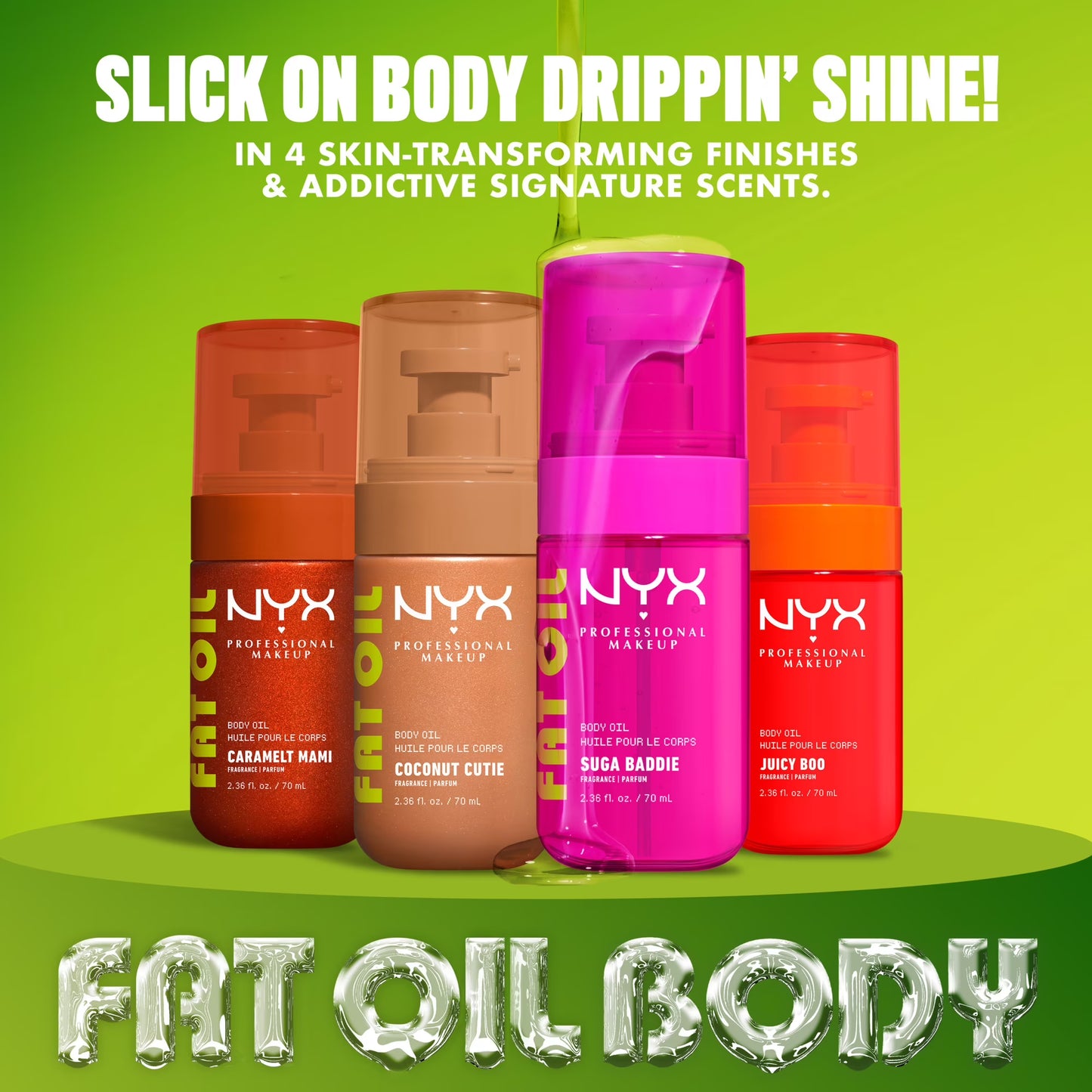 NYX Professional Makeup Fat Oil Hydrating Body Oil for Body Glow with Avocado Oil & Vitamin C, Suga Baddie, 2.36 fl oz
