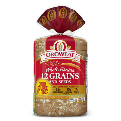 Oroweat Whole Grains 12 Grains and Seeds Bread, 24 oz, Multigrain Bread, Bag