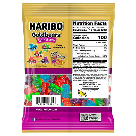 HARIBO Goldbears Gummy Bears Wild Berry Candy Gummies, 4 oz, Peg Bag