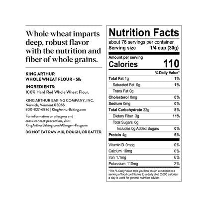 (8 pack) King Arthur Baking Company Non-GMO Project Verified, Certified Kosher 100% Whole Grain Whole Wheat Flour, 5 lb Bag