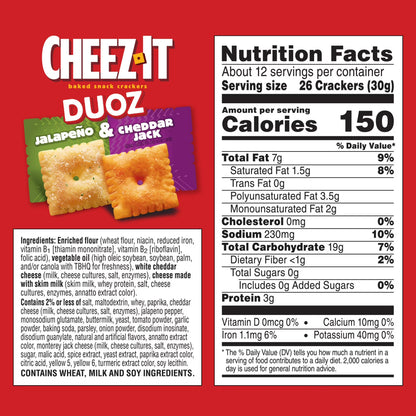 Cheez-It DUOZ Jalapeño and Cheddar Jack Baked Snack Crackers, Lunch Snacks, 12.4 oz