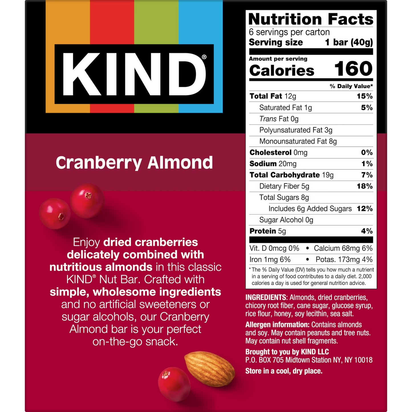 (6 pack) KIND Gluten Free Cranberry Almond Snack Bars, 1.4 oz, 6 Count, Cardboard Box