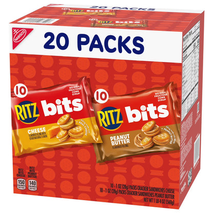 RITZ Bits Cheese and Peanut Butter Sandwich Crackers Variety Pack, Lunch Snacks, 20 Snack Packs