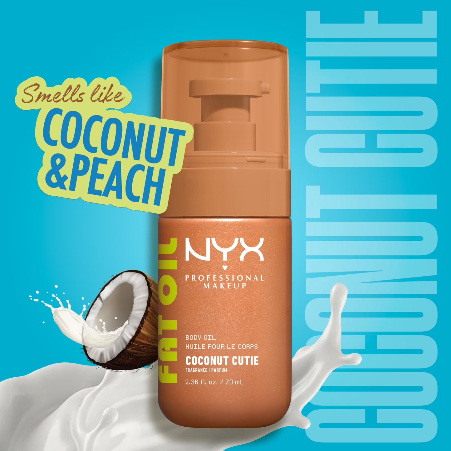 NYX Professional Makeup Fat Oil Hydrating Body Oil for Body Glow with Avocado Oil & Vitamin C, Coconut Cutie, 2.36 fl oz