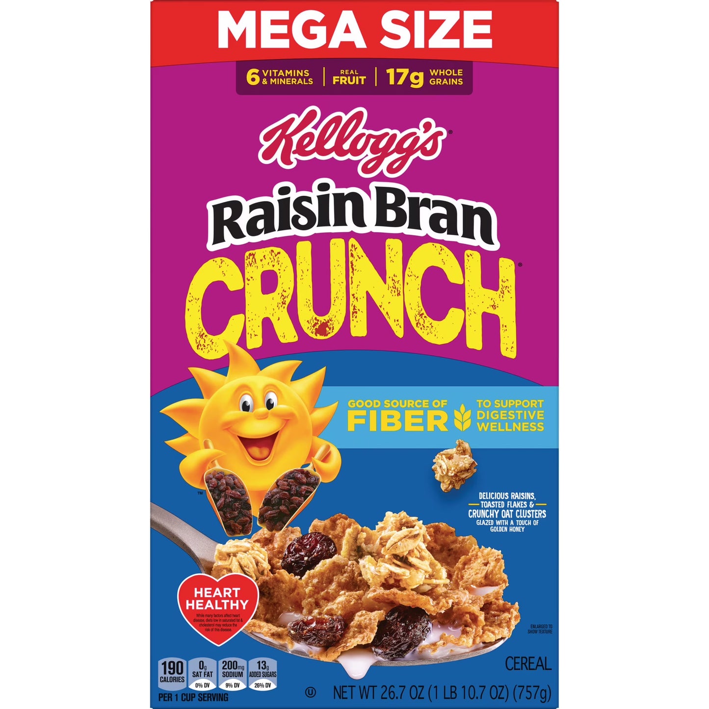 Kellogg's Raisin Bran Crunch Breakfast Cereal, Good Source of Fiber, Mega Size, 26.7 oz
