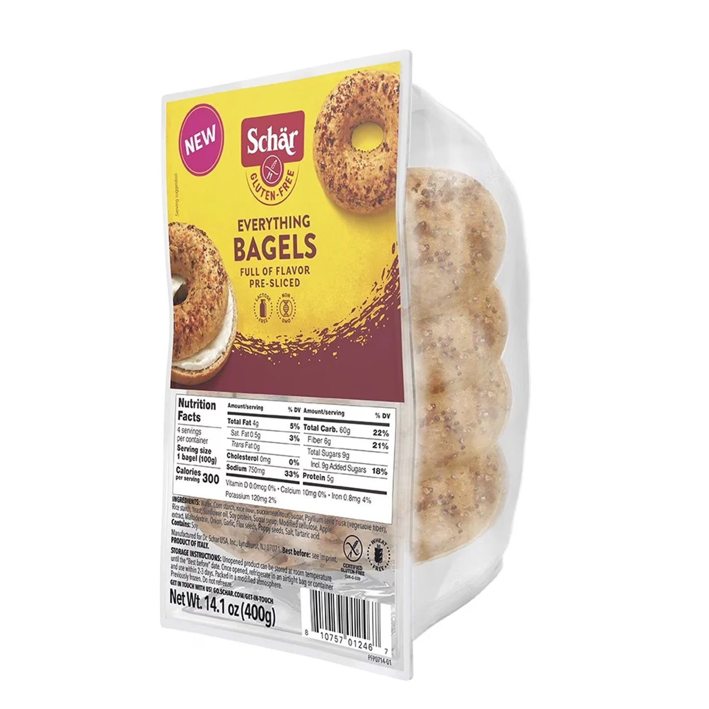 Schar Gluten Free Pre-Sliced Everything, Gluten Free Chewy Bagels, 14.1oz