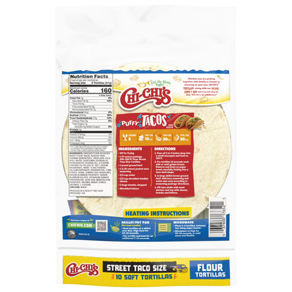(6 pack) CHI-CHI'S Flour Tortillas Street Taco Size, Shelf Stable, 9oz Resealable Plastic Package, (10 Tortillas)
