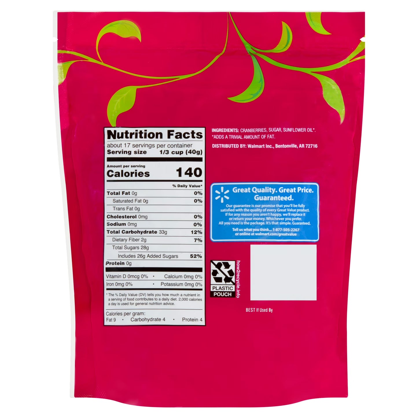 (2 pack) Great Value Sweetened Dried Cranberries, 24 oz