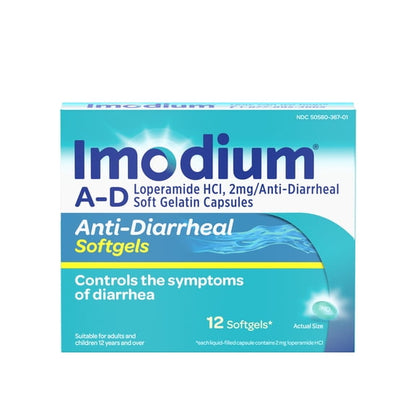 Imodium A-D Diarrhea Relief Softgels, Loperamide Hydrochloride, 12 Count