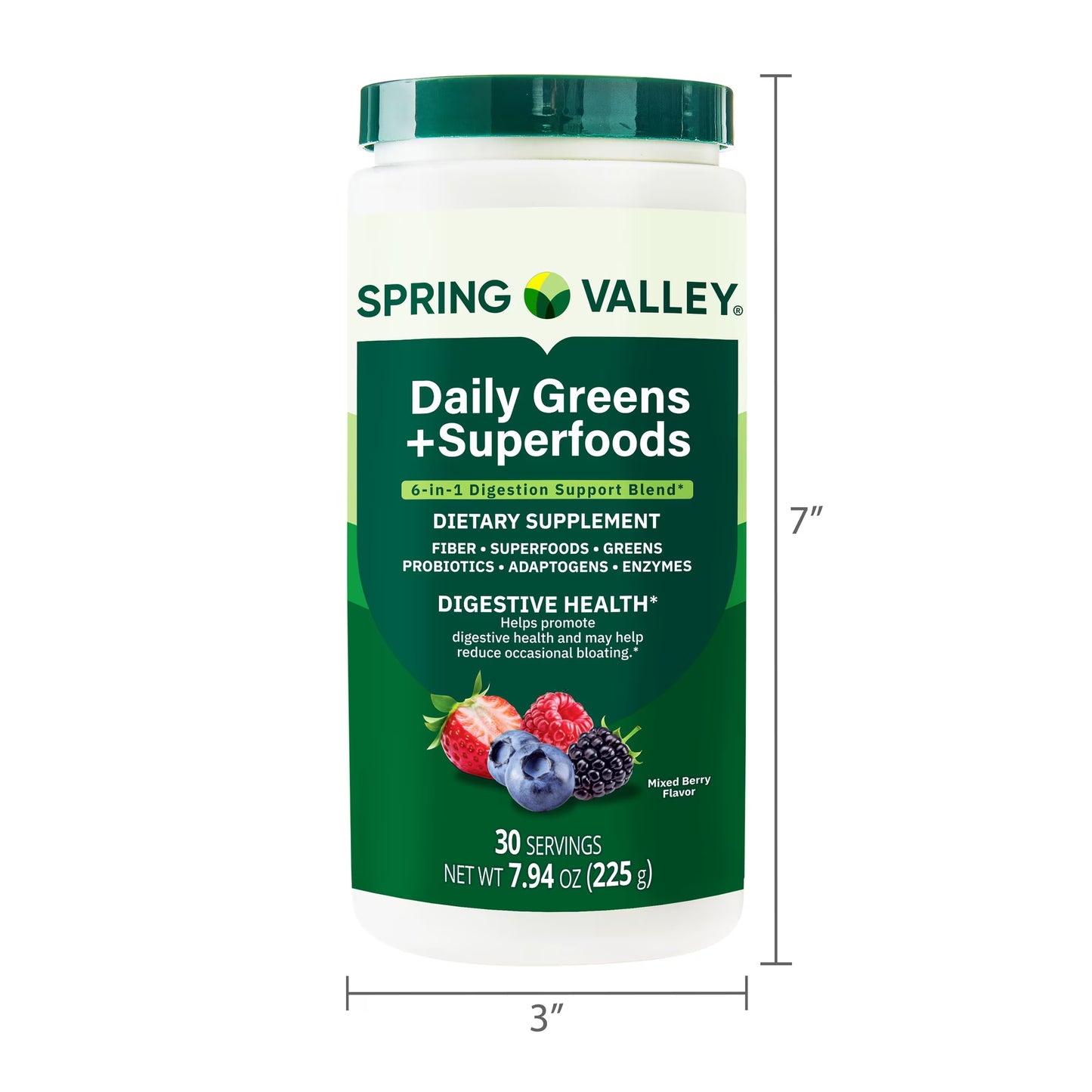 Spring Valley Daily Greens + Super Foods Digestive Health Dietary Supplement, Mixed Berry Flavor, 30 Servings, 7.94 oz