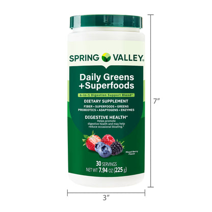 Spring Valley Daily Greens + Super Foods Digestive Health Dietary Supplement, Mixed Berry Flavor, 30 Servings, 7.94 oz