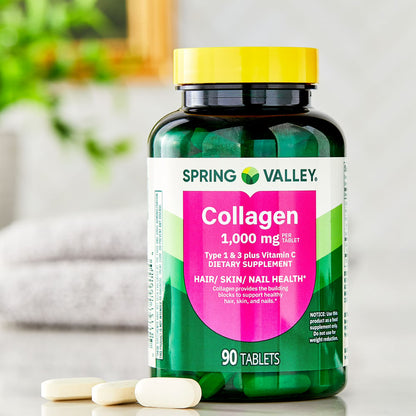 Spring Valley Collagen Type 1 & 3 Plus Vitamin C Hair/Skin/Nails Supplement Tablets, 1,000 mg, 90 Count