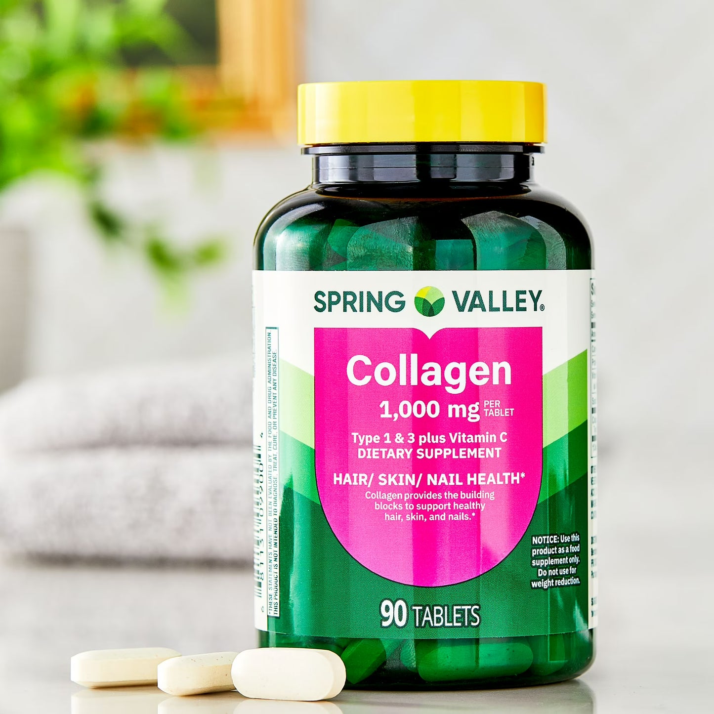 (3 pack) Spring Valley Collagen Type 1 & 3 Plus Vitamin C Hair/Skin/Nails Supplement Tablets, 1,000 mg, 90 Count