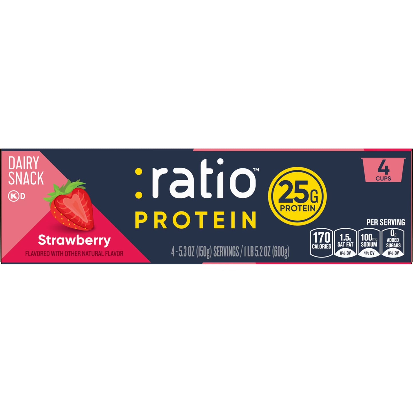 Ratio Yogurt Protein Cultured Dairy Snack, Strawberry, 25g Protein, 1 lb. 5.2 oz (4 Cups)