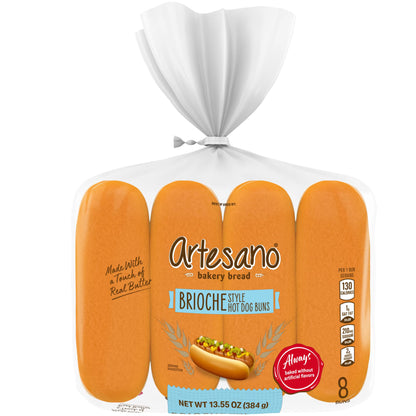 Artesano Brioche Hot Dog Buns, 8 count, Hot Dog Buns, 13.55 oz Bag