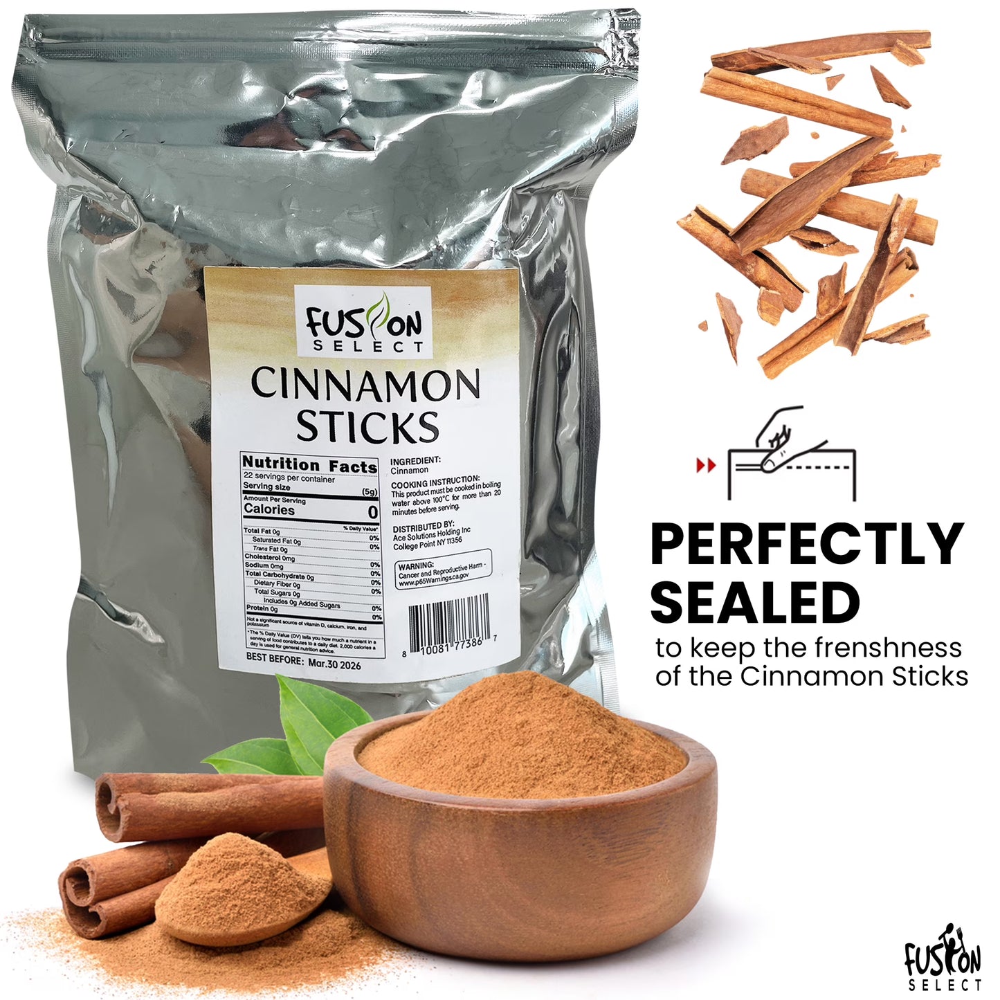 Fusion Select Cinnamon Sticks - Whole Canela Bark Pieces for Asian, Indian, & Middle Eastern Cuisine - Herbs & Spices for Baking & Cooking - Packed in a Clear Resealable Pouch - 4 oz