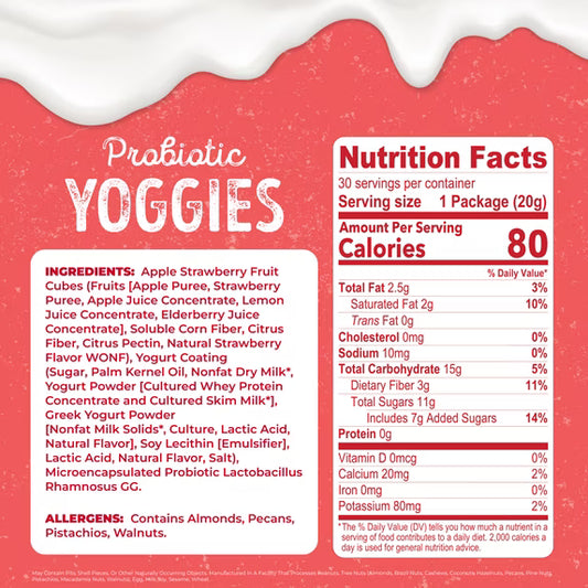 Nature’s Garden Probiotic Yoggies Strawberry, 21oz (0.7oz x 30) - Pack of 4 – Yogurt-Covered Real Fruit Bites – Gluten-Free, Non-GMO, High-Fiber Snacks for Adults & Kids